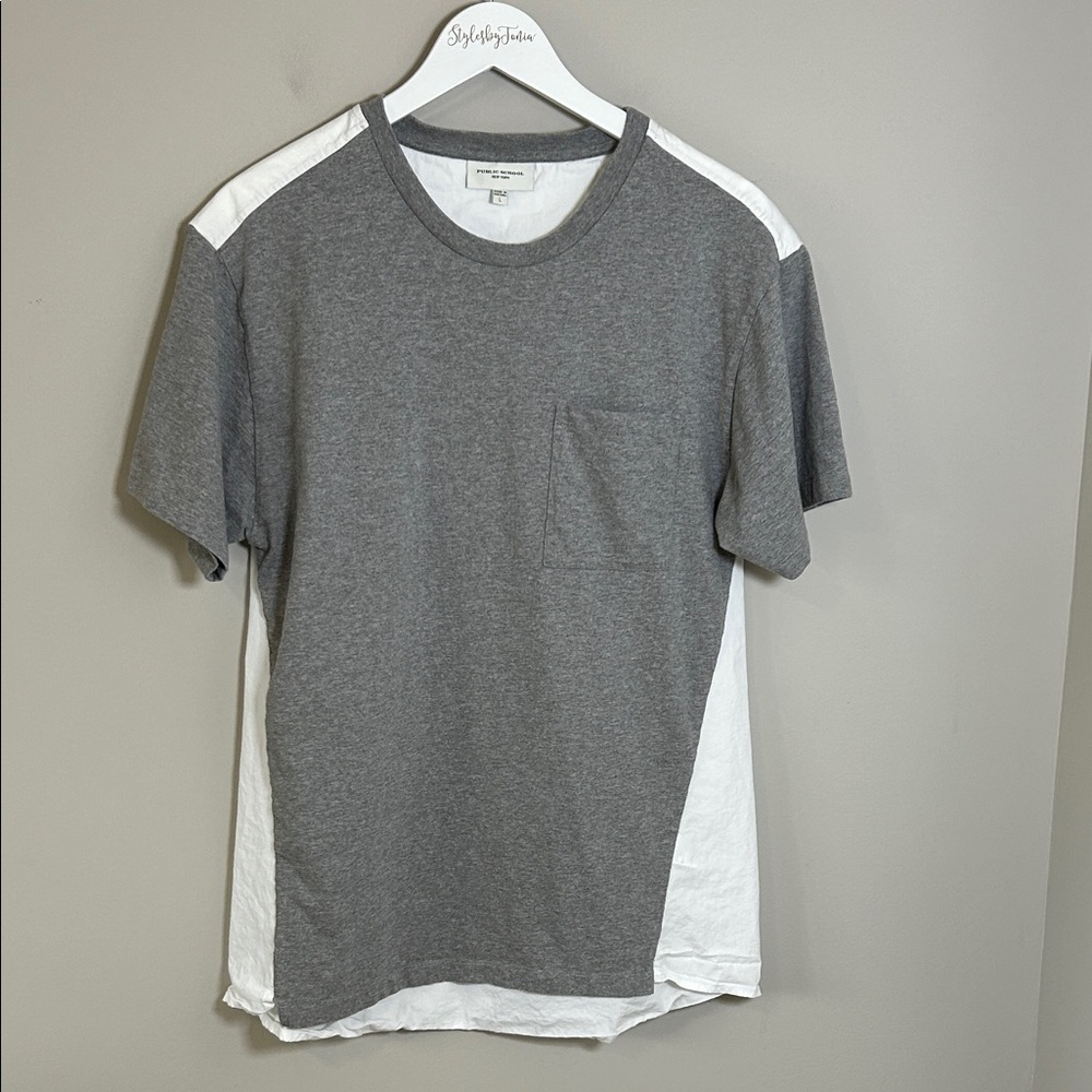 Public School New York Mens Gray White Crew Neck Short Sleeve Cotton T Shirt L